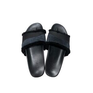 OluKai Hō'ala Leather Slide Sandals Black Leather Wool Shearling US W9 EUR 39